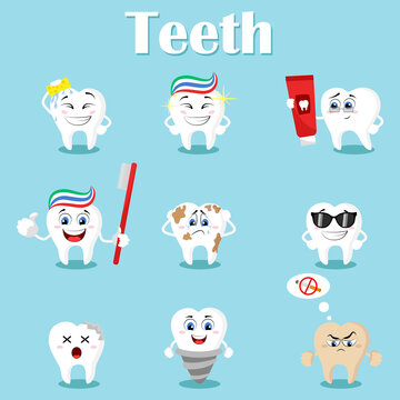 Teeth. Cute cartoon tooth on the blue background. Happy teeth set. Cute tooth characters. Dental personage vector illustration. Dental concept for your design.