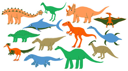 Big collection set of different types dinosaurs. Land, marine, flying dino. Cute Extinct jurassic reptiles lizards. Fun colorful design. Flat style drawing. Trendy stock vector illustration.