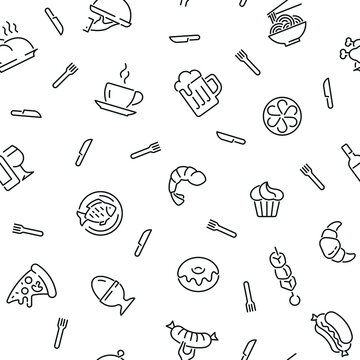Seamless pattern with food and drinks. Black and white thin line icons