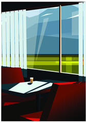 Illustration of cafe with mountains view.  Retro style 