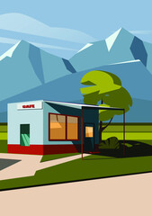 Vector illustration of sideroad cafe with mountains background