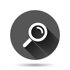 Loupe sign icon in flat style. Magnifier vector illustration on black round background with long shadow effect. Search circle button business concept.