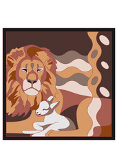 lion protects the lamb cartoon illustration