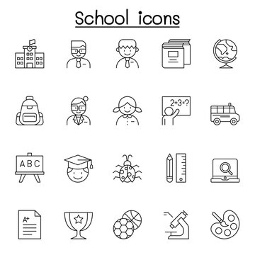 School & Education icons set in thin line style