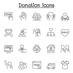 Charity & Donation icons set in thin line style