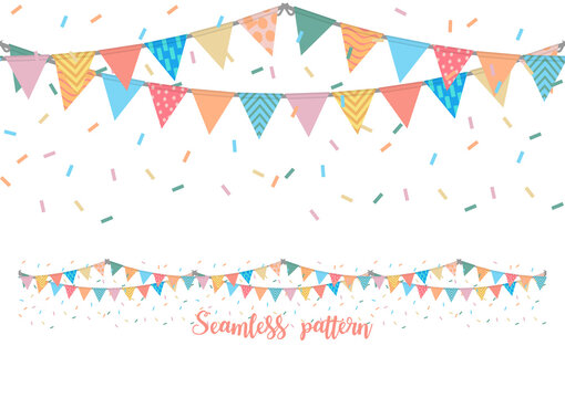 Colorful flags and confetti wallpaper seamless pattern