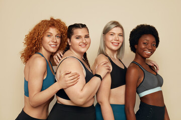 Diverse. Group Of Women With Different Body Shapes Portrait. Smiling Multicultural Female Friends...