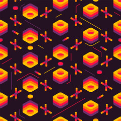 Obraz premium Isometric style seamless pattern design, with geometric objects in color. Vector illustration.