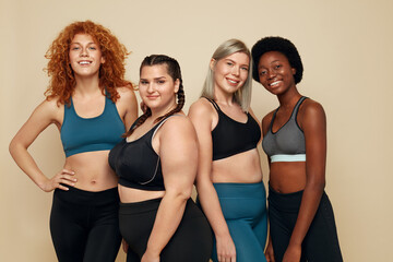 
Diversity. Group Of Women Of Different Race, Figure And Size Portrait. Smiling Multi-Ethnic Female...