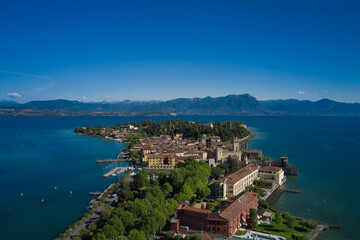 Naklejka na ściany i meble Rocca Scaligera Castle in Sirmione. Garda Lake, Italy Aerial view. Famous for thermal waters