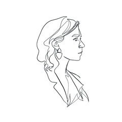 Contour silhouette of female head with earring, lips, eyes, nose and hair drawn by one continuous line. Linear glamour logo in minimal design for advertising jewelry. Abstract cubism face. 