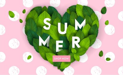 Bright summer background with 3d realistic green leaves and fun lettering, summer sale concept design for banners, wallpapers advertising, online shops, flyers, ad, promotion. Vector illustration. - 355494315