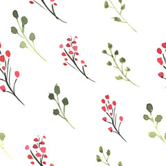 Hand drawn flower watercolor seamless pattern, pink wildflowers plants