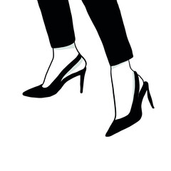 Female legs in black shoes and trousers. Contour hand draw part of the figure of female model. Fashionable woman. Black and white. Linear vector.