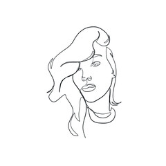 Female portrait of beautiful face in minimalist style drawn by one continuous line by modern digital artist for the logo design of beauty salons, beautician, stylist, makeup artist, clothing store