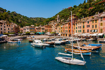Fototapeta na wymiar View from the sea of Italian city Portofino in Italy