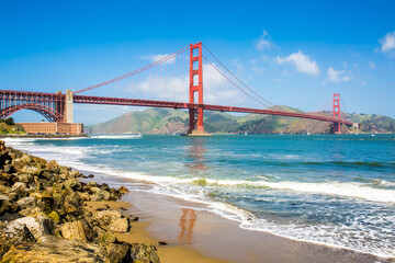 A view of Golden Gate Bridge From Crissy Field East Beach view point, San Francisco, California, USA