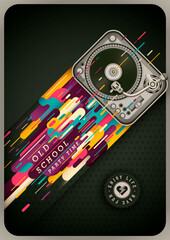Retro style poster design, with turntable, modern abstraction in color and text. Vector illustration.