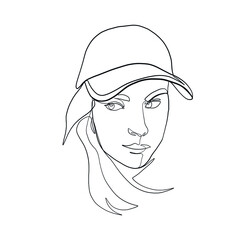 Linear glamour logo in minimal style of girl in baseball cap. Sportswear. Headdress in sporty style. Beautiful simple portrait of female face. One continuous line. Design for fashion shop, stylist. 