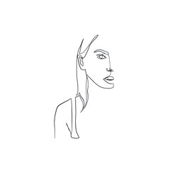 Female portrait of beautiful face in minimalist style drawn by one continuous line by modern digital artist for the logo design of beauty salons, beautician, stylist, makeup artist, clothing store