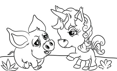 cute piglets and little unicorns, relaxing in the fields, coloring books for kids