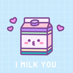 Vector illustration cute kawaii character milk box package with face and hearts in doodle cartoon 80s-90s style with text on pastel blue checkered background. For card, poster, sticker