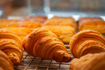 Close up Croissant in bakery shop.
