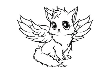 
cute winged fox, sitting relaxed looking at something, a coloring book, for children