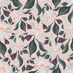 Pink and green dark abstract based seamless flower and leaves pattern