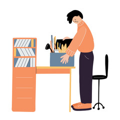 Fired employee collect his stuff to leave the office. Dismissed man and a box. Worker is sad and unhappy. Job loss concept.  Vector illustration isolated on white.