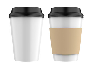 Set of realistic blank mock up paper cups with plastic lid. Coffee to go, take out mug. 3d illustration