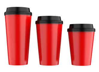 Set of realistic blank mock up paper cups with plastic lid. Coffee to go, take out mug. 3d illustration