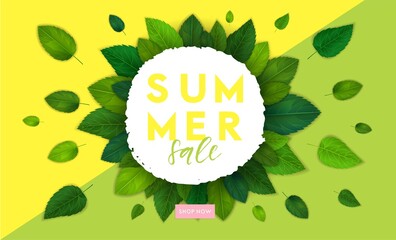 Bright summer background with 3d realistic green leaves and fun lettering, summer sale concept design for banners, wallpapers advertising, online shops, flyers, ad, promotion. Vector illustration. - 355496953