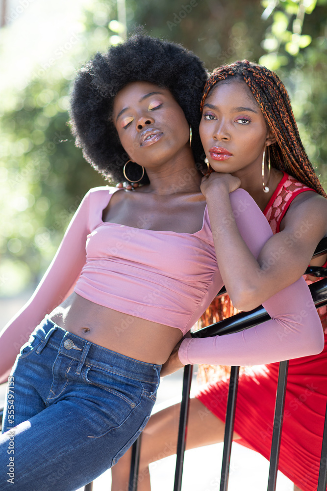 Wall mural Portrait of two beautiful fashionable African American women standing next to each other in the park.