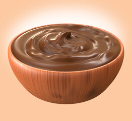 Chocolate cream in round dish on light isolated background.3d illustration