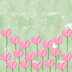 Many pale pink tulips on meadow on pale green background with copy space 