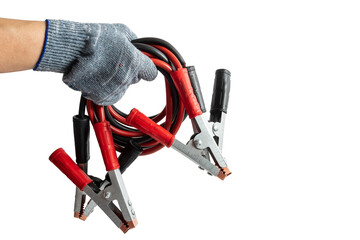 Man holds connecting cables in hand to connect battery