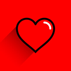 Red heart shape with black line stroke. Medical icon, love sign and symbol of Feast of Saint Valentine Day. Flat form with long shadow on red blood background. Vector illustration is a graphic element