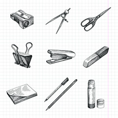 Hand-drawn sketch of Stationery Supplies for School and Office Set. The set includes pencil sharpener, compass (for drawing), scissors, eraser, rubber, stapler, sticker note, pen, pencil, glue stick	

