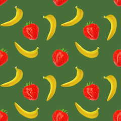 gouache seamless pattern with fruits and berries bananas and strawberry on a green background, vegetarian pattern for diet, healthy eating. Use as restaurant menu, packaging, product design,textile