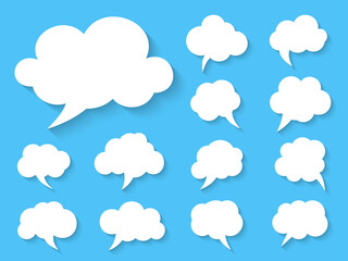 Obraz premium Flat comic retro speech bubble set. Comics message template. Empty text box different shapes balloons with shadow. Abstract icon cartoon blank doodle bubbles. Isolated on blue vector illustration
