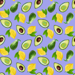 Bright vegetarian Fruit Painted Seamless Pattern hand-drawn in gouache avocado and lemon on lilac background. Design for textiles, packaging, fabrics, menus, restaurants