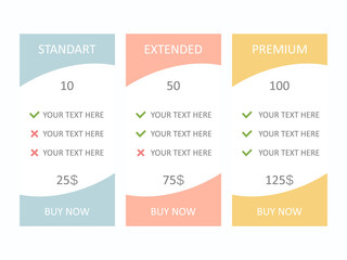 Pricing plan banners infographic. Three tariffs interface for site and presentation. Vector illustration isolated on white background.