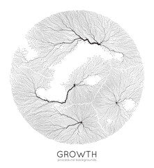 Vector generative branch growth pattern. Round texture. Lichen like organic structure with veins. Monocrome square biological net of vessels. - obrazy, fototapety, plakaty