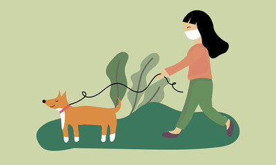 Girl with a mask walks with dogs in the park. Vector cartoon illustration on the topic of the pandemic. Young girl walking in public park with dogs during quarantine. For books, poster, web.