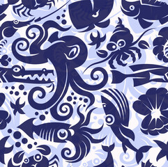 Sea creatures seamless pattern. Vector illustration in cute cartoon style