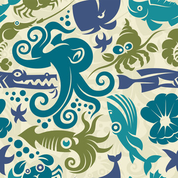 Sea creatures seamless pattern. Vector illustration in vintage cartoon style