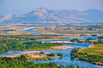 Naklejka premium Meandres of river Drin in Shkodra, Albania