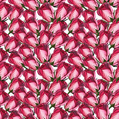 Rose flowers on white background handmade gouache gentle seamless pattern . Background for web pages, wedding invitations, date cards, textiles, packaging, fabric, wallpaper
