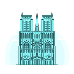 Notre-Dame de Paris Catholic Cathedral. Famous landmark of France. Monument of early Gothic architecture. Linear style outline vector illustration on white background